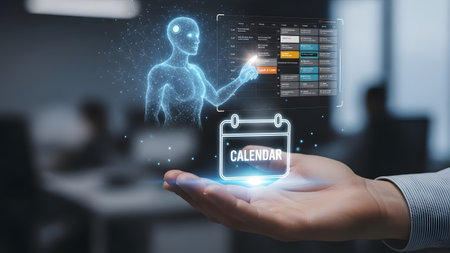 Hand holding holographic AI interacting with digital calendar interface and calendar icon