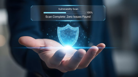 Hand holds a glowing digital shield with a vulnerability scan showing zero issues found.