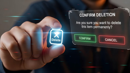 Hand holding glowing delete icon next to a digital confirmation dialog box Clear details and vibr...