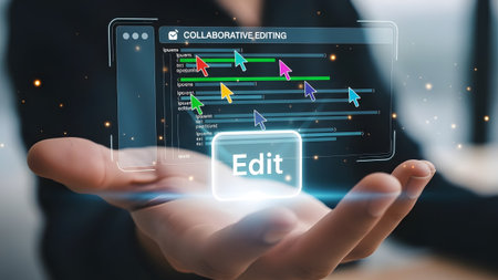 Hand holding a holographic display with collaborative editing interface and cursors. Clear detail...