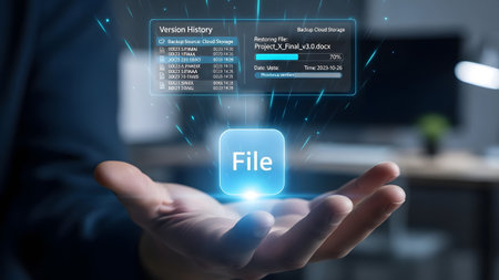 Hand holding a glowing file icon and a digital interface showing version history Clear details an...