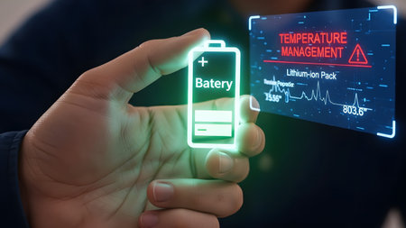 Hand holding a glowing battery icon with a futuristic digital display showing temperature...