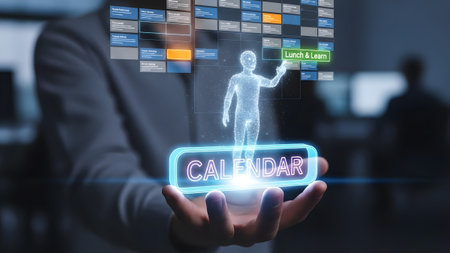 A hand displays a holographic calendar interface with events and a digital person. Clear details ...の写真素材
