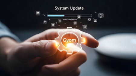 Hand holds glowing gear icon with system update progress and various icons. Clear details and vib...