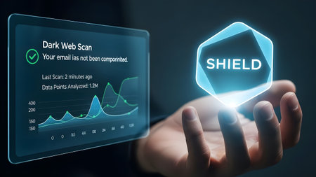 Hand holds glowing shield icon next to screen showing dark web scan results. Clear details and vi...