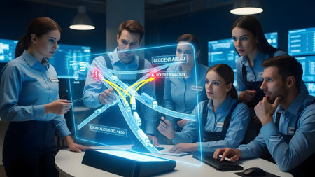 Logistics operators examining a holographic traffic simulation showing accident and route...