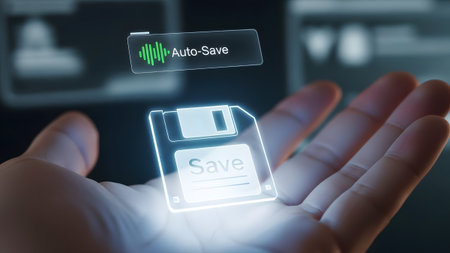 Hand holds holographic save icon and auto-save progress bar with glowing effect. Clear details an...