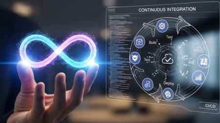 A hand holds a glowing infinity symbol next to a holographic CI CD pipeline diagram. Clear detail...