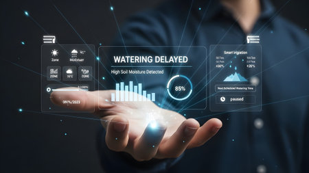 A person holds a futuristic interface displaying a smart irrigation system with watering delayed.