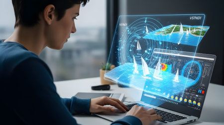 A person uses a laptop with a 3D holographic interface displaying sailing yachts and ocean data.の写真素材