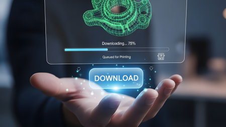 Hand holds holographic download interface showing 3D model progress bar and download button.