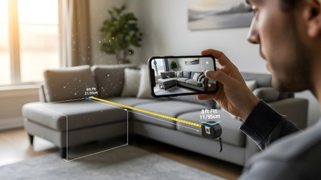 Man uses smartphone AR app to measure a sofa with virtual tape measure overlay Clear details and ...