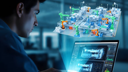 Man views holographic automated factory layout with robotic arms on laptop screen. Clear details ...
