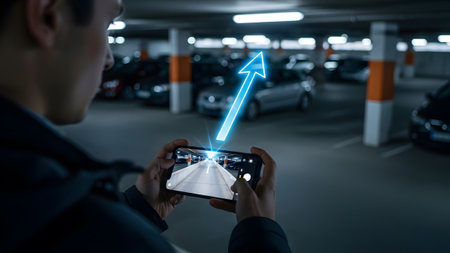 A man in a parking garage uses a smartphone with an AR arrow guiding him. Clear details and vibra...