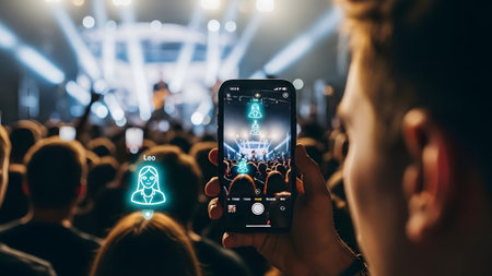 A person at a concert uses a smartphone with an AR overlay identifying people in the crowd.