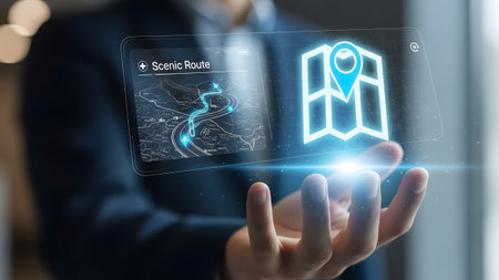 Person holds a holographic map interface showing a scenic route and a glowing GPS pin. Clear deta...
