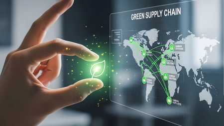 A hand touches a glowing leaf, interacting with a holographic world map showing a green supply...