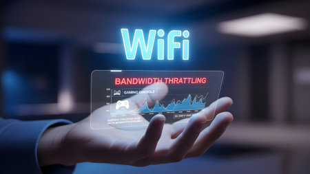 Hand holding a futuristic holographic display showing WiFi bandwidth throttling graph. Clear deta...