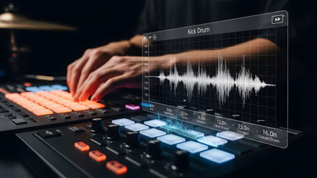 Musician's hands on a drum machine with a waveform display on a screen. Clear details and vibrant...