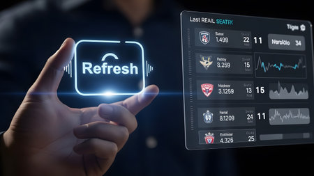 A hand interacts with a refresh button on a holographic display showing sports analytics data.