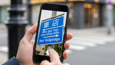 Person using smartphone to translate a blue street sign with text and arrows Clear details and vi...の写真素材
