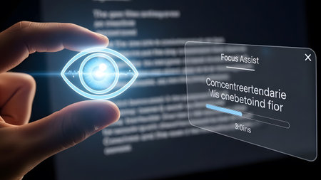 Hand holds glowing eye icon on screen showing focus assist software with progress bar. Clear deta...