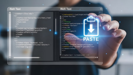 Person interacts with digital interface displaying code and paste function Clear details and vibr...