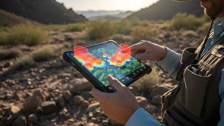 Person uses tablet displaying a thermal map of desert terrain with heat signatures. Clear details...