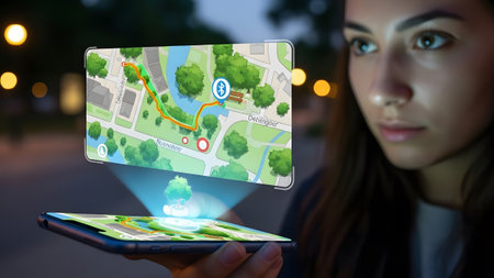 Woman looks at holographic map projected from smartphone showing park navigation and routes