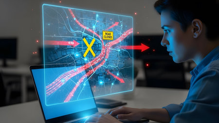Person viewing a road closure alert on a futuristic digital map interface with red arrows.