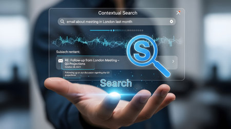 Hand holding a holographic screen showing contextual search results with a magnifying glass.