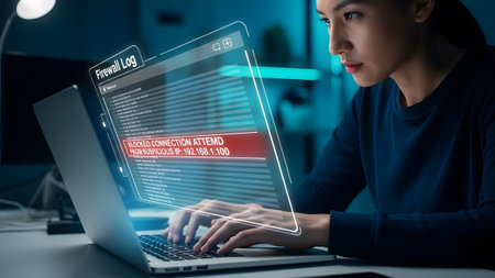 A woman analyzes a laptop screen displaying a firewall log showing a blocked connection from a...の写真素材