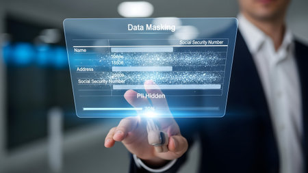 Hand touching holographic screen displaying data masking with PII hidden progress Clear details a...