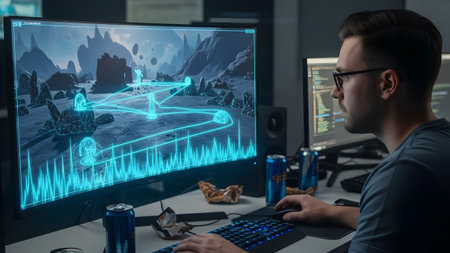 Man with glasses works on a computer with a holographic game interface and energy drink cans.