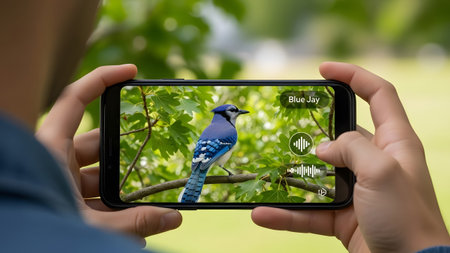Smartphone AR app displays a blue jay with an audio visualization interface on the screen.