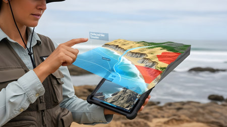 Woman with tablet shows holographic coastal erosion map near the ocean Clear details and vibrant ...