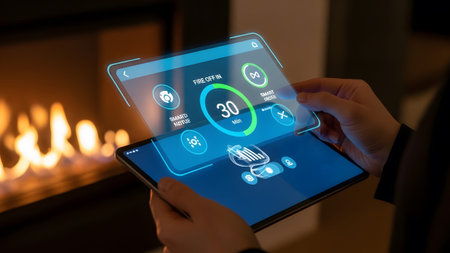 Person uses tablet with holographic display to control smart fireplace settings remotely