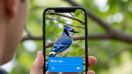 Person uses smartphone to identify a blue jay bird perched on a tree branch. Clear details and vi...の写真素材