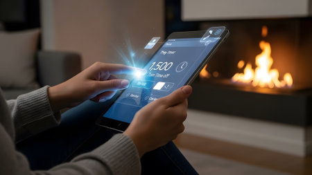 Hands operate a tablet with a holographic interface to set a fireplace timer. Clear details and v...