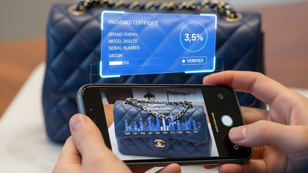 Smartphone shows verified status for a blue luxury handbag with digital certificate Clear details...