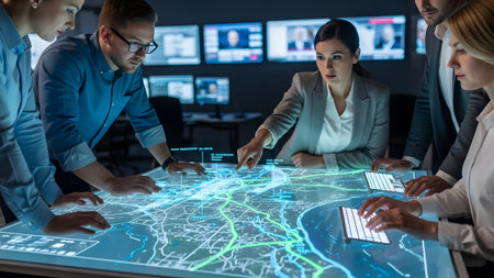 Diverse team in a modern control room analyzing a glowing interactive city map display. Clear det...