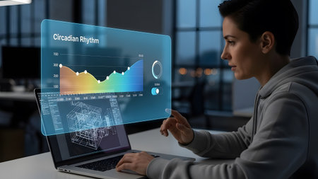 Woman uses laptop to interact with a holographic display showing circadian rhythm data. Clear det...