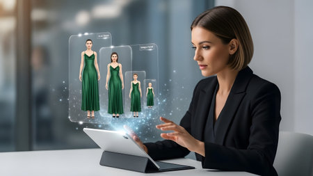 Woman in a suit uses a tablet to view holographic green dresses in a modern office. Clear details...