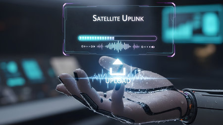 A robotic hand displays a futuristic interface showing satellite uplink progress. Clear details a...の写真素材