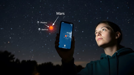 Woman identifies Mars and its moons using a smartphone astronomy app at night. Clear details and ...
