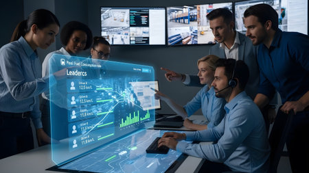 Group of professionals examining fuel efficiency metrics on a glowing holographic display.