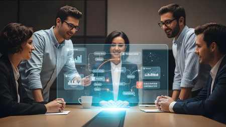 Business professionals gather around a table, analyzing a digital flowchart on a holographic...