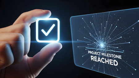 Finger touches glowing checkmark icon near digital screen displaying project milestone reached.