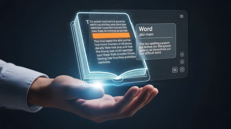Hand displays a digital book with word definition and interface elements. Clear details and vibra...