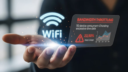 Hand displays WiFi symbol and data usage graph indicating bandwidth throttling issue Clear detail...